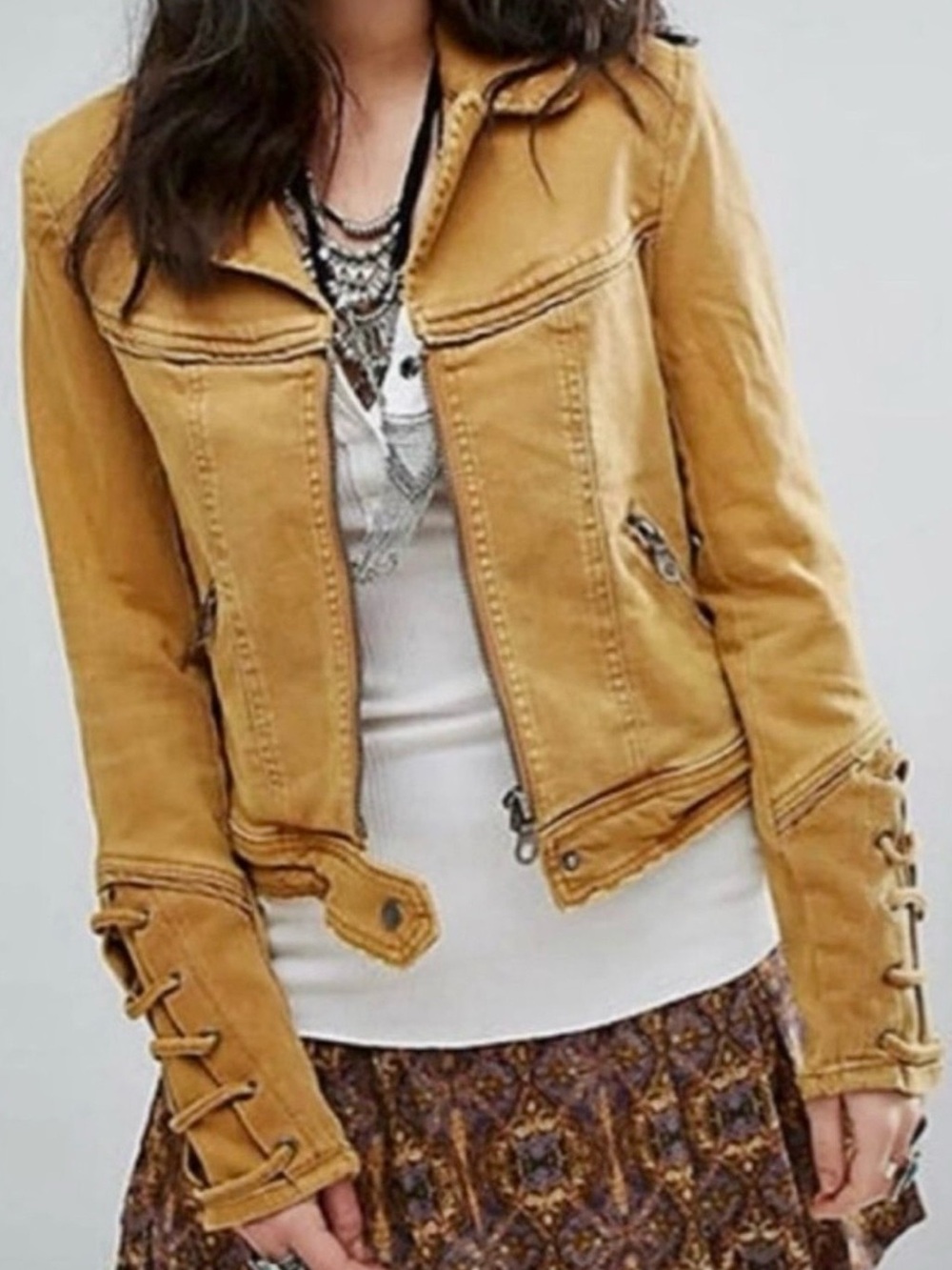 Free People Feel Good Brenda Denim Jacket Honey Mustard Sz S